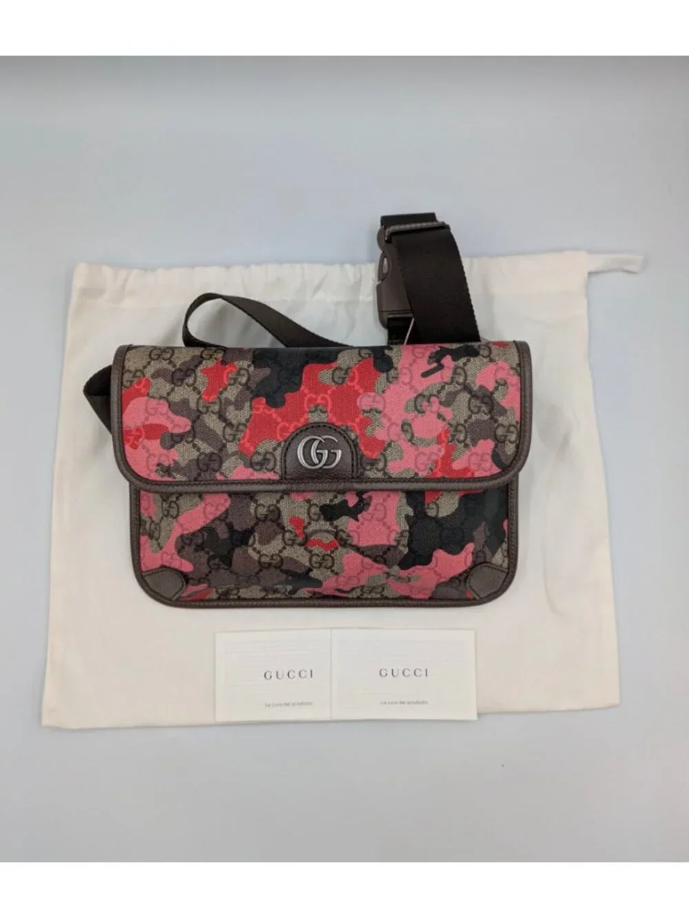 Gucci Marbled GG Monogram Camouflage Small Belt/Crossbody Bag Red Pink Brown 80c